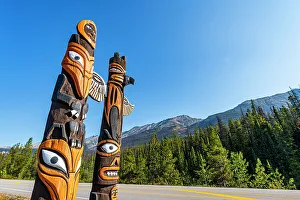 Glacier Parkway Prints: Totem poles along the Glacier Parkway, Alberta, Canada, North America