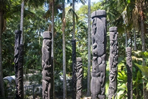 Typically Papua New Guinean Prints: Totem poles from the Sepik River, Botanical Garden, Port Moresby, Papua New Guinea