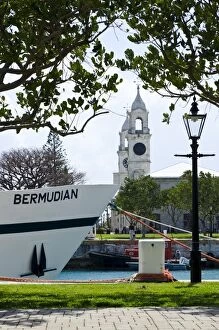 Images Dated 3rd April 2011: Tour boat and Clocktower at the Royal Naval Dockyard, Bermuda, Central America