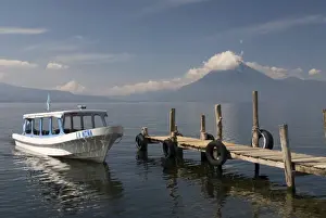 Jetties Prints: Tour boat near Panajachel, San Pedro Volcano in the background, Lake Atitlan