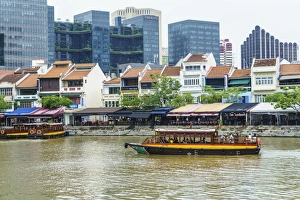Tour Boat Prints: Tour boat passing Boat Quay, Singapore, Southeast Asia, Asia