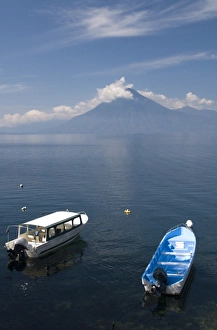Lake Atitlan Prints: Tour boats anchored near Panajachel, San Pedro Volcano in the background
