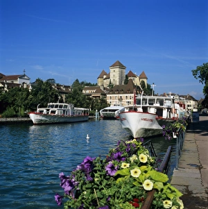 Annecy Prints: Tour boats on Canal du Thiou below Chateau
