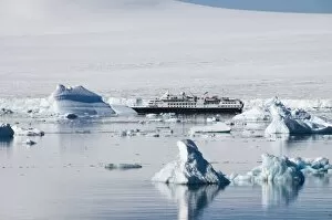 Tour ship in ice near Brown Bluff, Antarctic Peninsula, Antarctica, Polar Regions