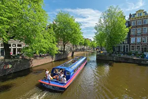 Pedestrians Prints: Tourist boat on Brouwersgracht canal, Amsterdam, The Netherlands, Europe