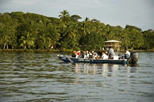 Tortuguero Prints: Tourist boat on canal, Tortuguero, Costa Rica, Central America