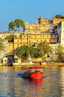 Udaipur Prints: Tourist Boat on Lake Pichola with the City Palace in the background