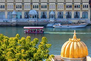 Udaipur Prints: Tourist Boat on Lake Pichola with the City Palace in the background