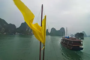 Windy Prints: Tourist boat in a traditional style cruising the Halong bay, Vietnam, Indochina