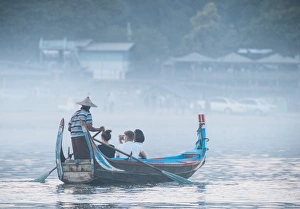 Mandalay Prints: Tourist boats enjoying view of U-Bein Bridge at sunset, Mandalay, Mandalay Region
