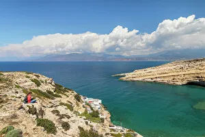 Iraklion Prints: Tourist enjoying the view of the bay of Matala