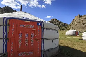 Outcrop Prints: Tourist ger camp in front of rocky outcrop in fine weather in summer, Terelj National Park