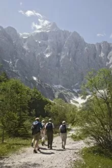 Tourist group in summer in Vrata valley walking towards