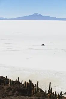 Bolivian Prints: Tourist jeep on Salar de Uyuni (Salt Flats of Uyuni) from Isla del Pescado (Fish Island)