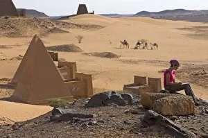 Tourist at the Pyramids of Meroe, Sudan, Africa