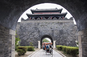 Rick Shaw Prints: Tourist rickshaw at a city gate watch tower, Qufu City UNESCO World Heritage Site