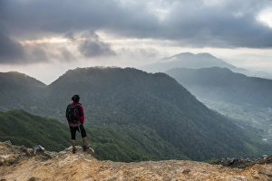 North Sumatra Prints: Tourist at the top of Sibayak Volcano at sunrise, Berastagi (Brastagi), North Sumatra