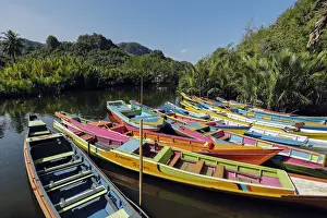 Tour Boat Prints: Tourist tour boats on Pute River in karst limestone region, Rammang-Rammang, Maros