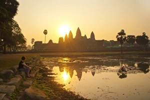 Siem Reap Province Prints: Tourist watching sunrise at Angkor Wat Temple