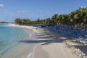 Sun Lounger Prints: Tourist on a white sand beach, palm trees and empty sun loungers