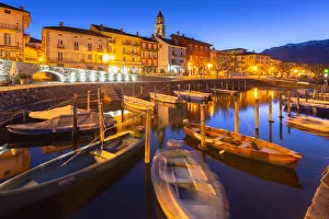 Touristic harbour of Ascona at dusk, Ascona, Lake Maggiore (Verbano), Canton of Ticino