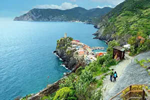 Cinque Terre Prints: Two tourists approach Vernazza