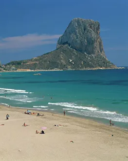 Valencia Prints: Tourists on the beach at Calpe and the Penon de Ifach