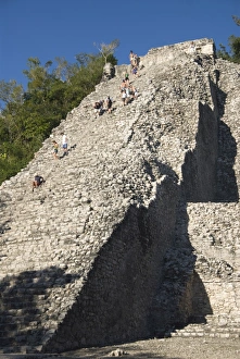 Descend Prints: Tourists climbing Nohoch Mul (big mound), Coba, Quintana Roo, Mexico, North America
