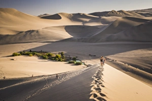 Huacachina Prints: Tourists climbing sand dunes at sunset at Huacachina, a village in the desert, Ica Region