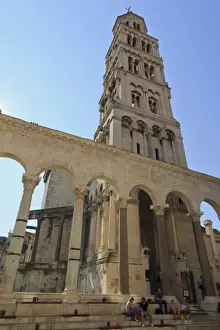 Tourists, Diocletians Palace and bell tower of Cathedral of St Domnius (St Duje), Old town, Split, Central Dalmatia, Croatia