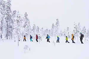 Kids Prints: Tourists enjoying walking in the snowy forest