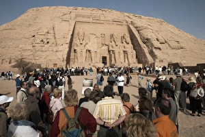 Abu Simbel Prints: Tourists gather at the Great Temple of Abu Simbel, UNESCO World Heritage Site