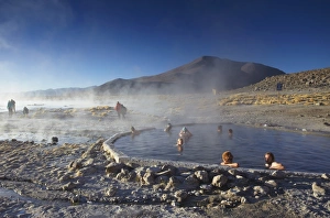 Tourists in hot springs of Termas de Polques on the Altiplano, Potosi Department, Bolivia, South America