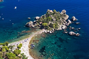 Taormina Prints: Tourists on Isola Bella Beach, Taormina, Sicily, Italy, Mediterranean, Europe