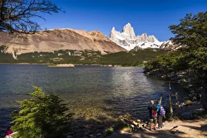 Patagonia Prints: Tourists at Lago Capri (Capri Lake) with Mount Fitz Roy (Cerro Chalten) behind, El Chalten