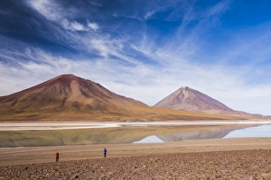 Unrecognisable Person Prints: Tourists at Licancabur volcano on right and Laguna Verde
