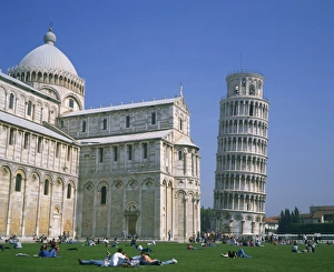 Piazza Del Duomo Prints: Tourists in the Piazza del Duomo near the Leaning Tower