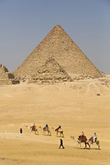 Saddle Prints: Tourists riding camels, Great Pyramids of Giza, UNESCO World Heritage Site, Giza, Egypt
