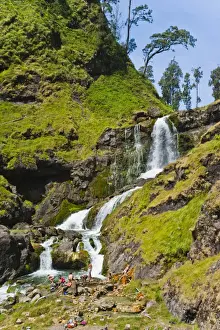 Lombok Prints: Tourists swimming in hot pools and waterfalls on Mount Rinjani volcano crater