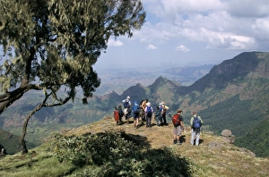 Tourists trekking, Simien Mountains National Park, UNESCO World Heritage Site