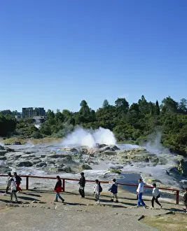 Tourists visiting the Whakarewarewa Thermal Reserve in Rotorua, South Auckland