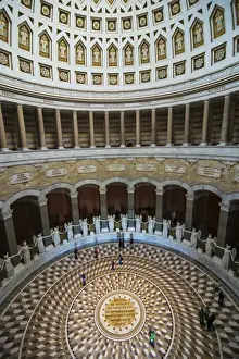 Tourists walking around the Befreiungshalle (Hall of Liberation) upon Mount Michelsberg above the city of Kelheim, Bavaria, Germany, Europe
