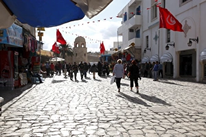 Cobble Stone Prints: Tourists walking to the Medina, Place des Martyrs, Sousse, Tunisia, North Africa, Africa