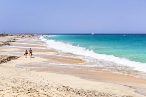 Cape Verde Prints: Tourists walking along the sandy beach, Ponta Preta beach, Santa Maria, Sal Island