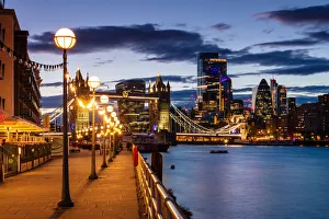 Bascule Bridge Prints: Tower Bridge and The City at sunset from Shad Thames, London, England, United Kingdom