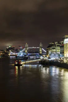 Light Beam Prints: Tower Bridge and HMS Belfast on River Thames at night