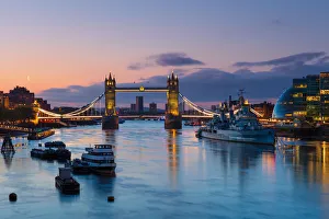 Connections Prints: Tower Bridge and HMS Belfast at sunrise, London, England, United Kingdom, Europe