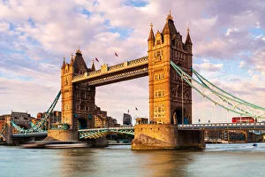 Bascule Bridge Prints: Tower Bridge and a London bus in the afternoon light, London, England, United Kingdom