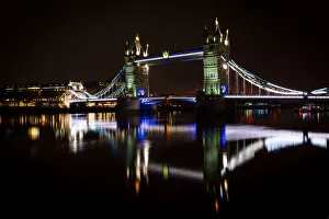 Bascule Bridge Prints: Tower Bridge and reflections in the River Thames at night, London, England