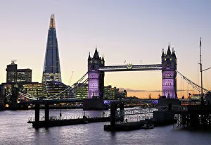 Tower Bridge Prints: Tower Bridge and The Shard illuminated at night, London, England, United Kingdom, Europe